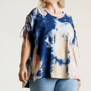 Umgee Navy & Cream Tie-Dye Short Sleeve Top with Side Drawstrings